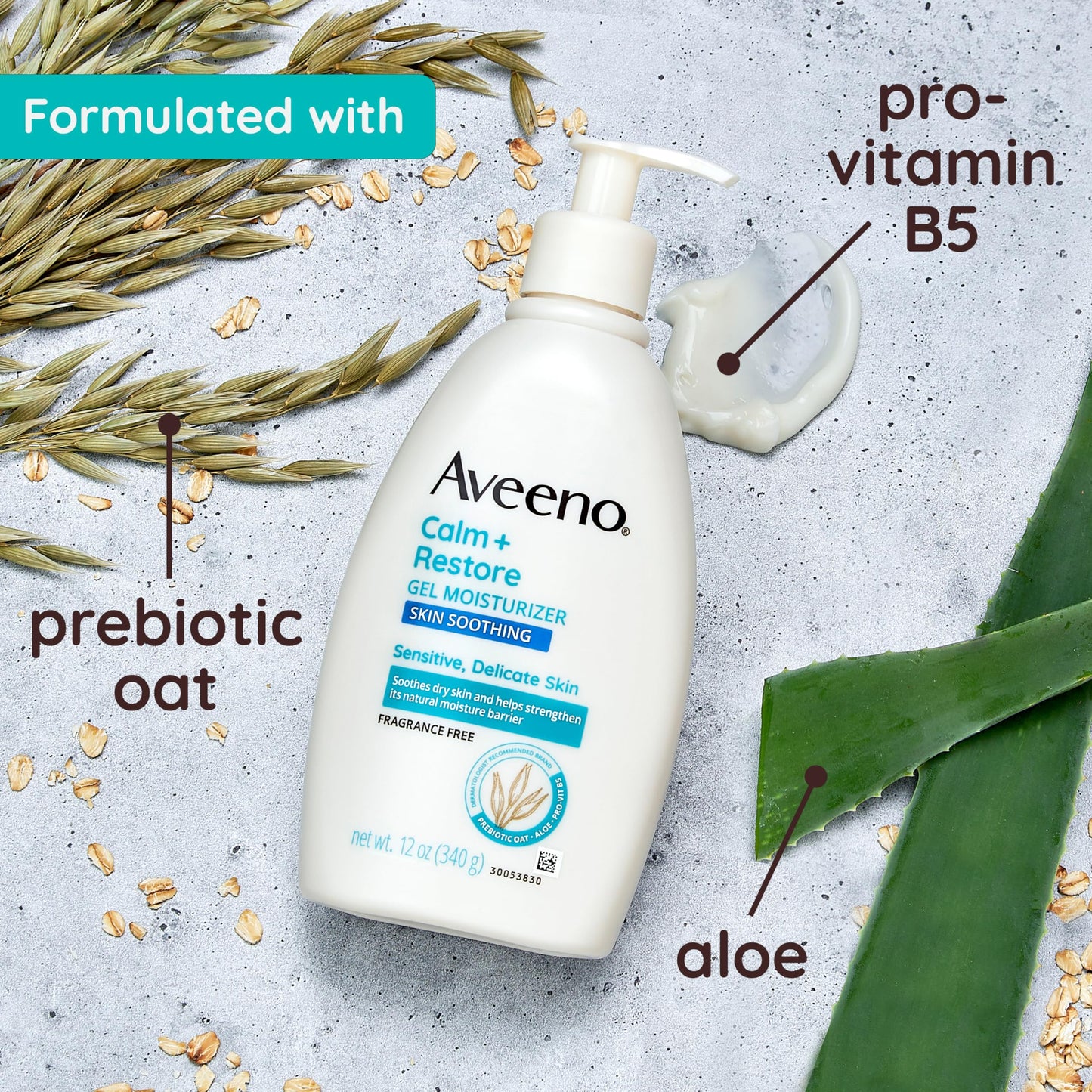 Aveeno Calm + Restore Body Moisturizer Gel for Sensitive Skin, Lightweight Moisturizer to Help Heal Dry Skin with Aloe Vera, Prebiotic Oat