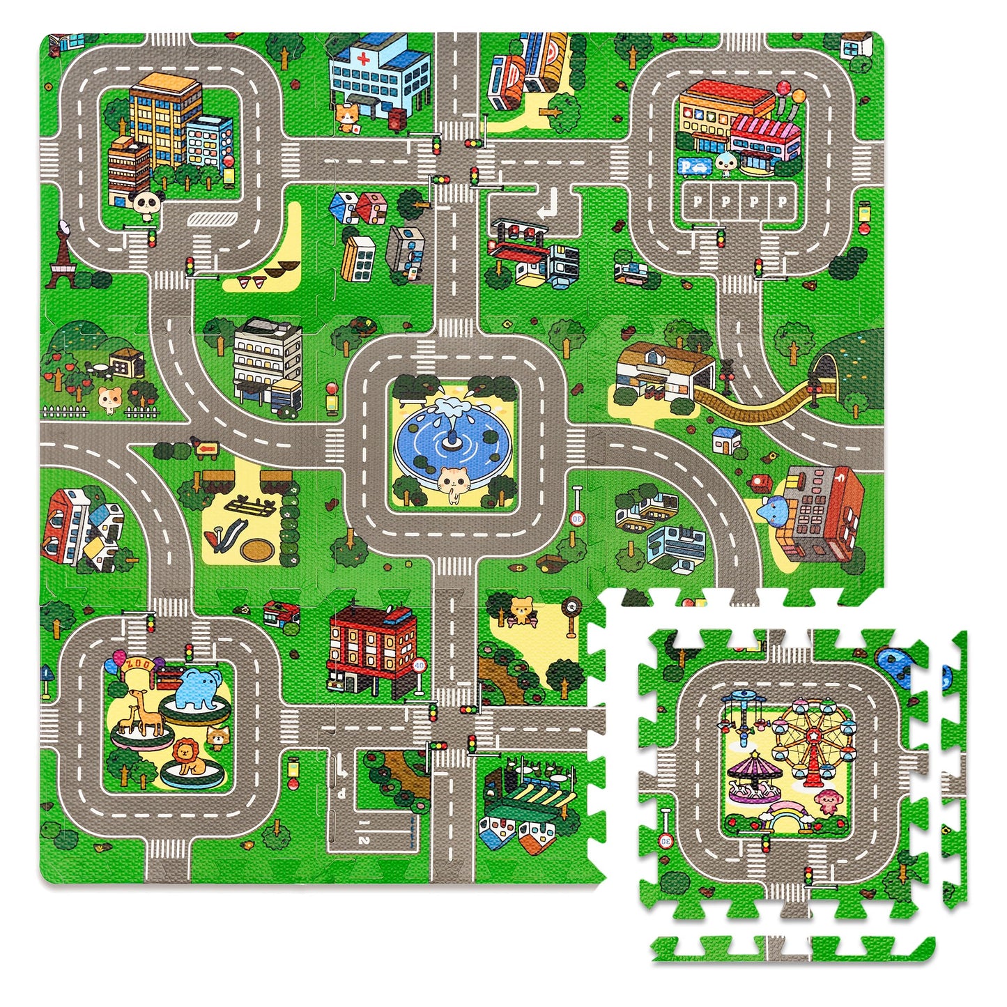 Sorbus Traffic Play Mat – 9 EVA Foam Puzzle Tiles with Borders, Kids Road Traffic Rug for Toy Cars & Trucks, Educational Playroom Mat