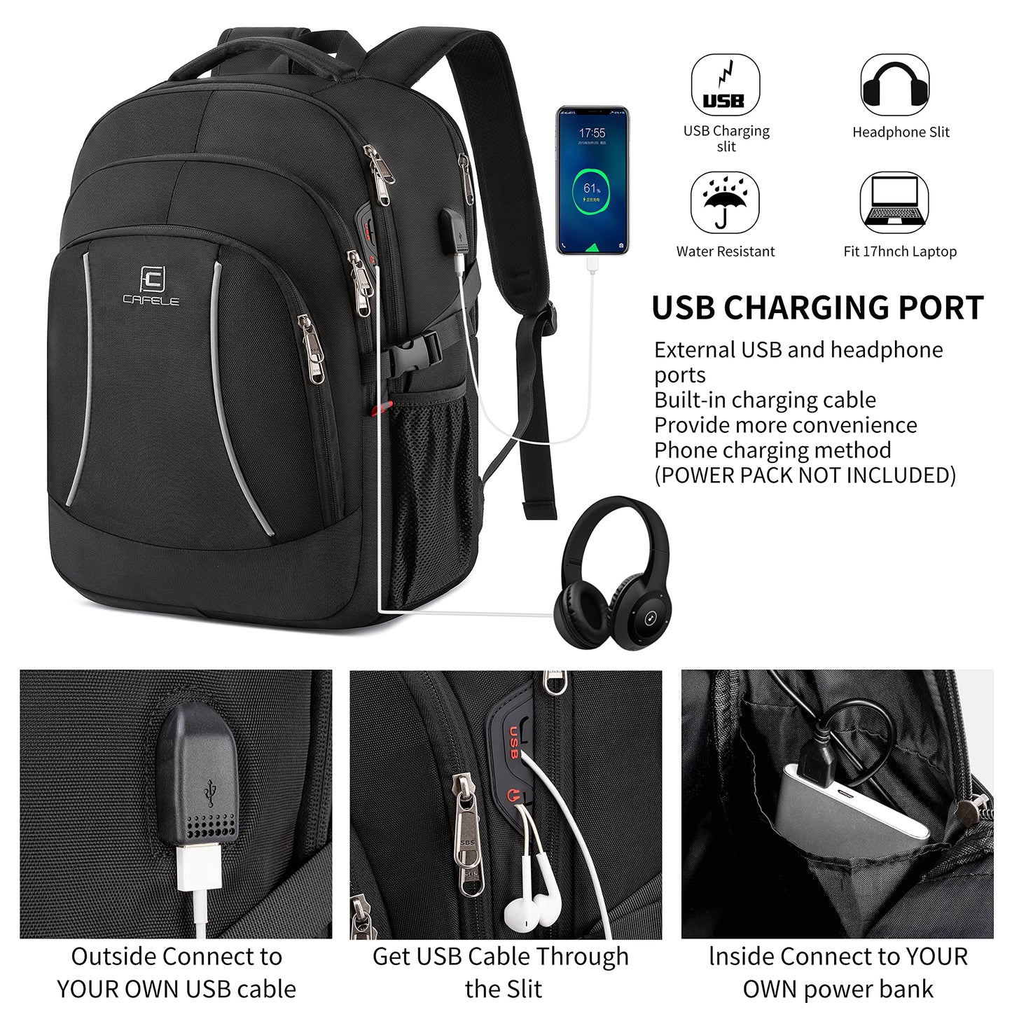 17.3 inch Laptop Backpack,School Bookbag Computer Rucksack with USB Charging Port,Water Resistant Sturdy Bagpack for Business College School Travel,Men Women Casual Daypack,Black