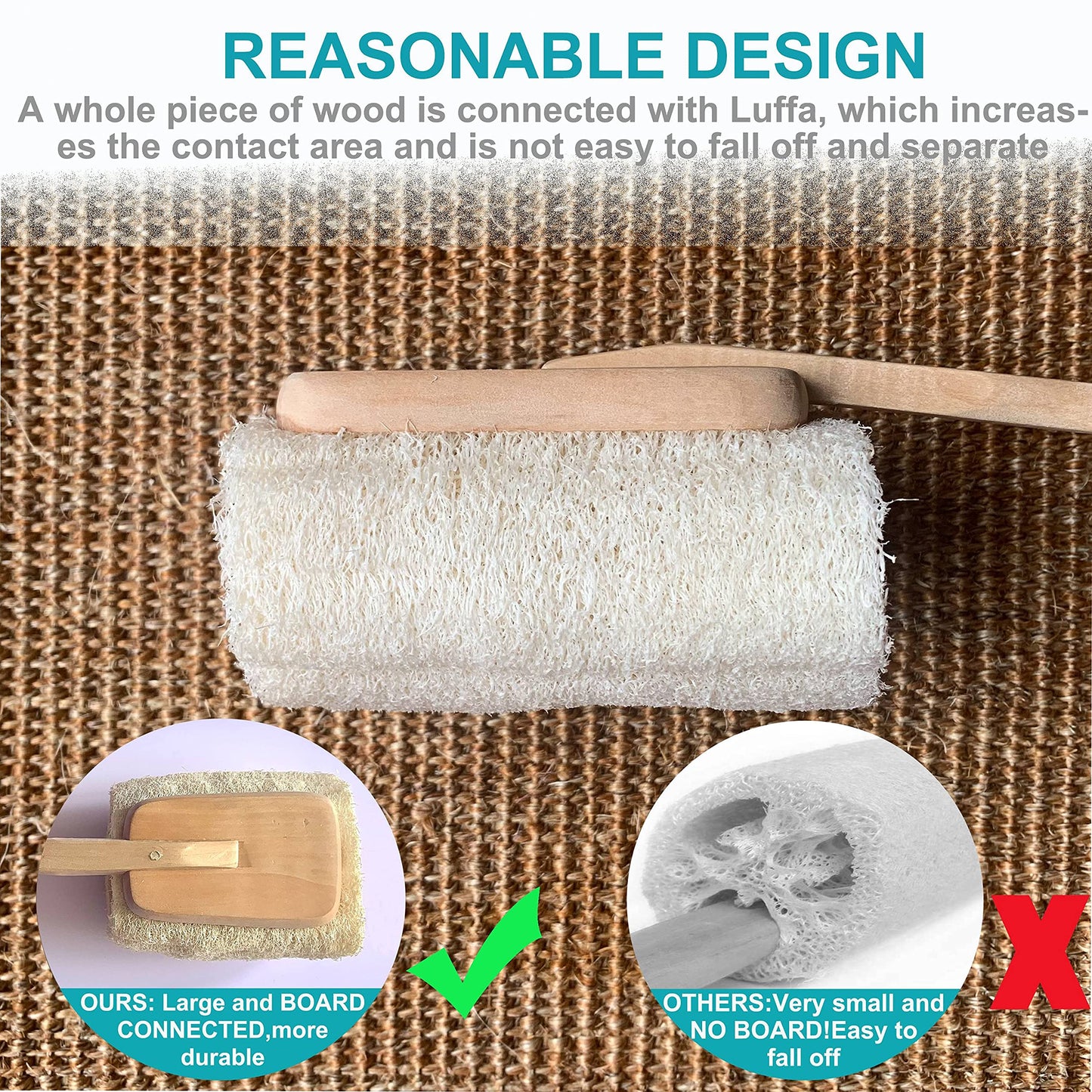 3 Pack Natural Exfoliating Loofah luffa loofa Bath Brush On a Stick - with Long Wooden Handle Back Brush for Men & Women - Shower Sponge Body Back