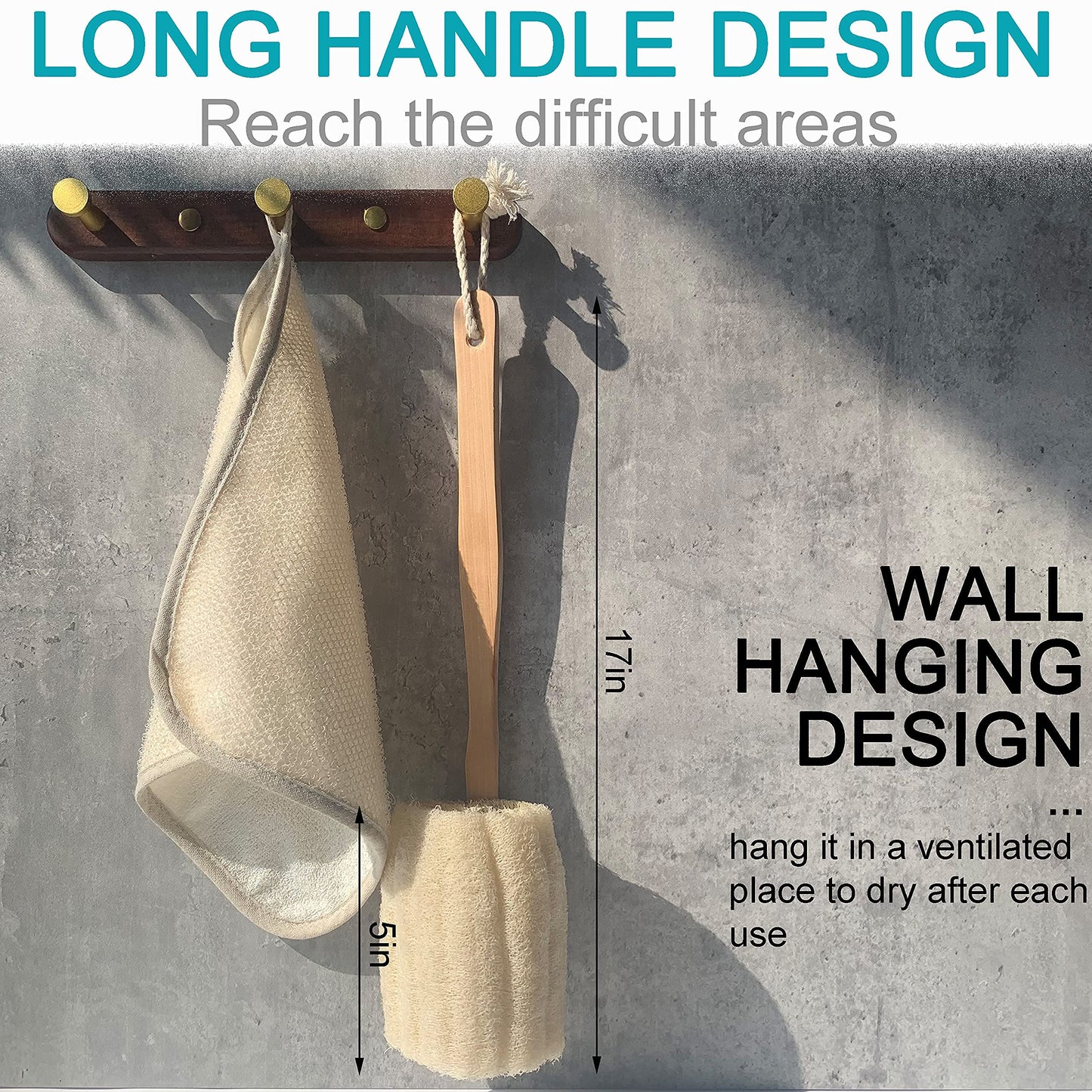 Natural Exfoliating Loofah luffa loofa Bath Brush On a Stick - with Long Wooden Handle Back Brush for Men & Women - Shower Sponge Body Back Scrubber