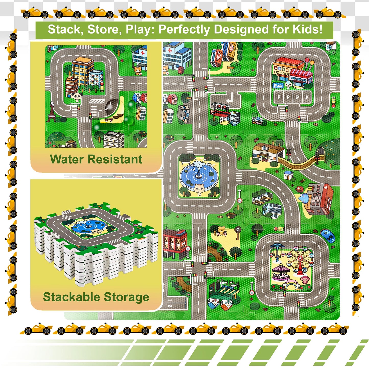 Sorbus Traffic Play Mat – 9 EVA Foam Puzzle Tiles with Borders, Kids Road Traffic Rug for Toy Cars & Trucks, Educational Playroom Mat