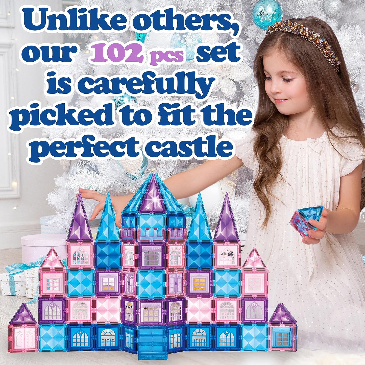 Little Pi 102pcs Frozen Princess Castle Magnetic Tiles – 3D STEM Building Blocks for Kids Ages 3-8, Pretend Play & Birthday Gifts