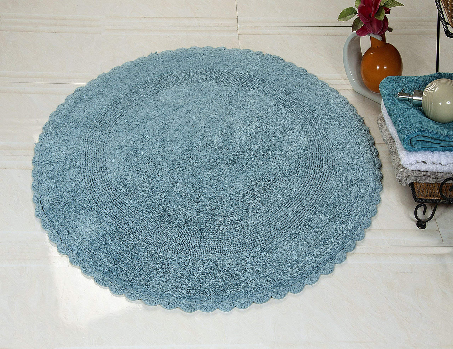 Saffron Fabs Bath Rug 100% Soft Cotton 36 Inch Round, Reversible-Different Pattern On Both Sides, Solid Arctic Blue Color, Hand Knitted Crochet Lace…