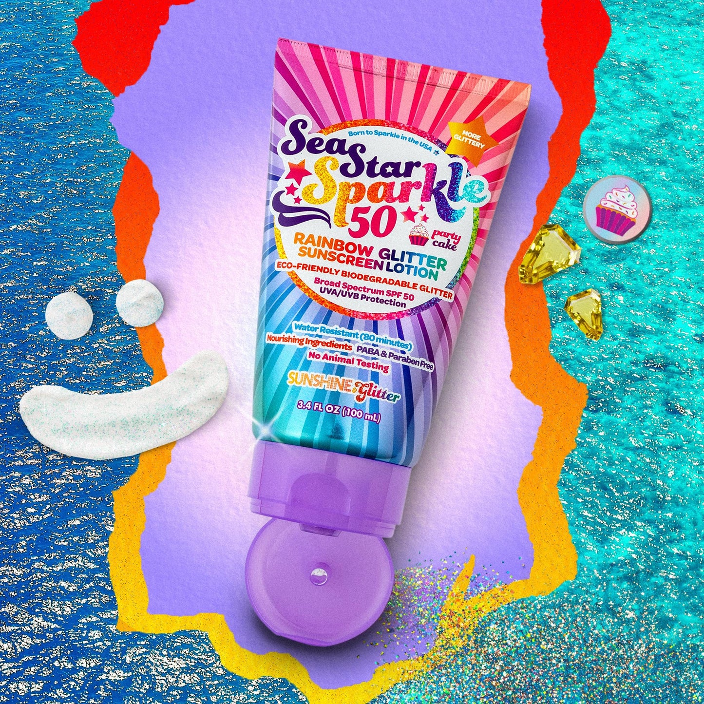 Seastar Sparkle - Rainbow Party Cake Scented Glitter Sunscreen - SPF 50 - Biodegradable Sunscreen, Kids, Water Resistant, Glitter lotion, Cruelty