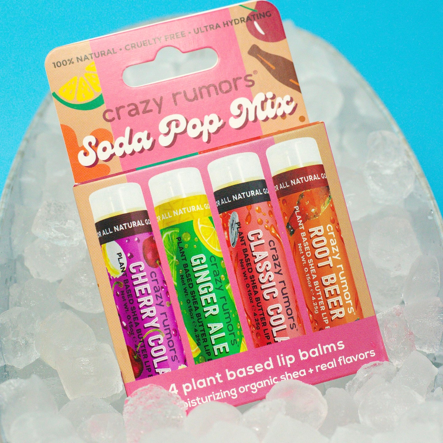 Crazy Rumors Soda Pop Mix Lip Balm 4-Pack Mix (Cherry Cola, Ginger Ale, Classic Cola, Root Beer) 100% Natural, Vegan, Plant-Based, Made in USA