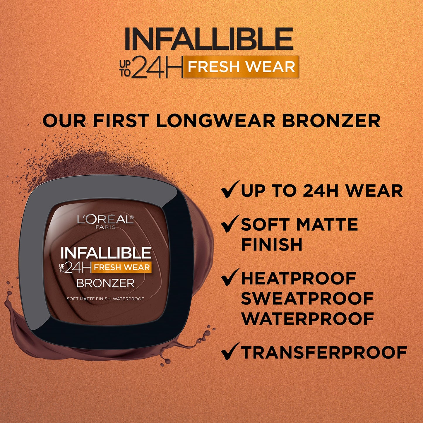 L'Oreal Paris Infallible Up to 24H Fresh Wear Soft Matte Longwear Bronzer. Waterproof, heatproof, Transfer, humidity and sweatproof, Light Medium