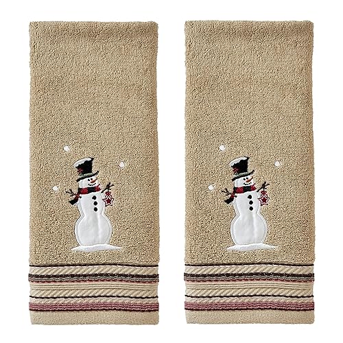 SKL Home Christmas/Winter Rustic Plaid Snowman Hand Towel 2pc Set for Bath/Kitchen/Bar & Gift, Wheat