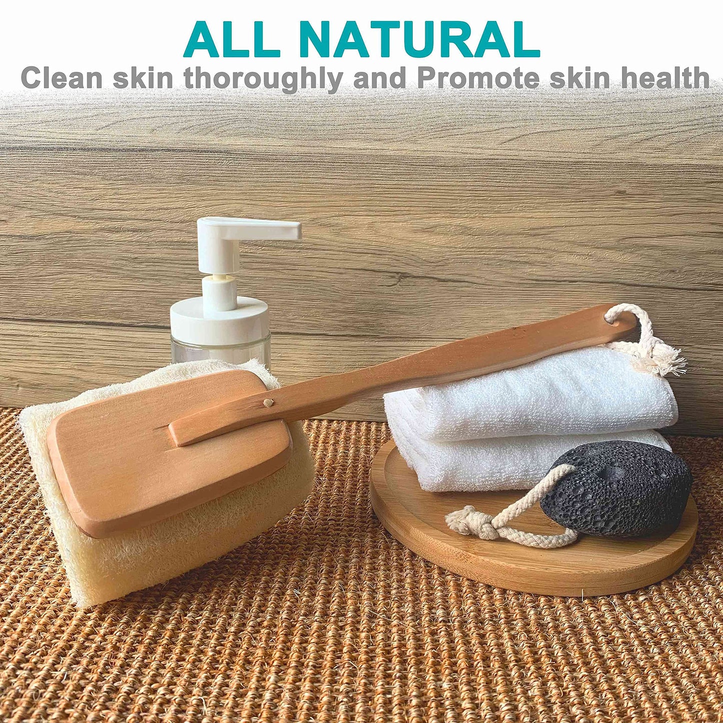 Natural Exfoliating Loofah luffa loofa Bath Brush On a Stick - with Long Wooden Handle Back Brush for Men & Women - Shower Sponge Body Back Scrubber
