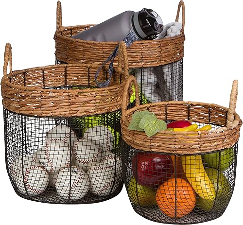 Trademark Innovations Oval Wire Tall Garden Home Decor Baskets with Wicker and Handles - Set of 3