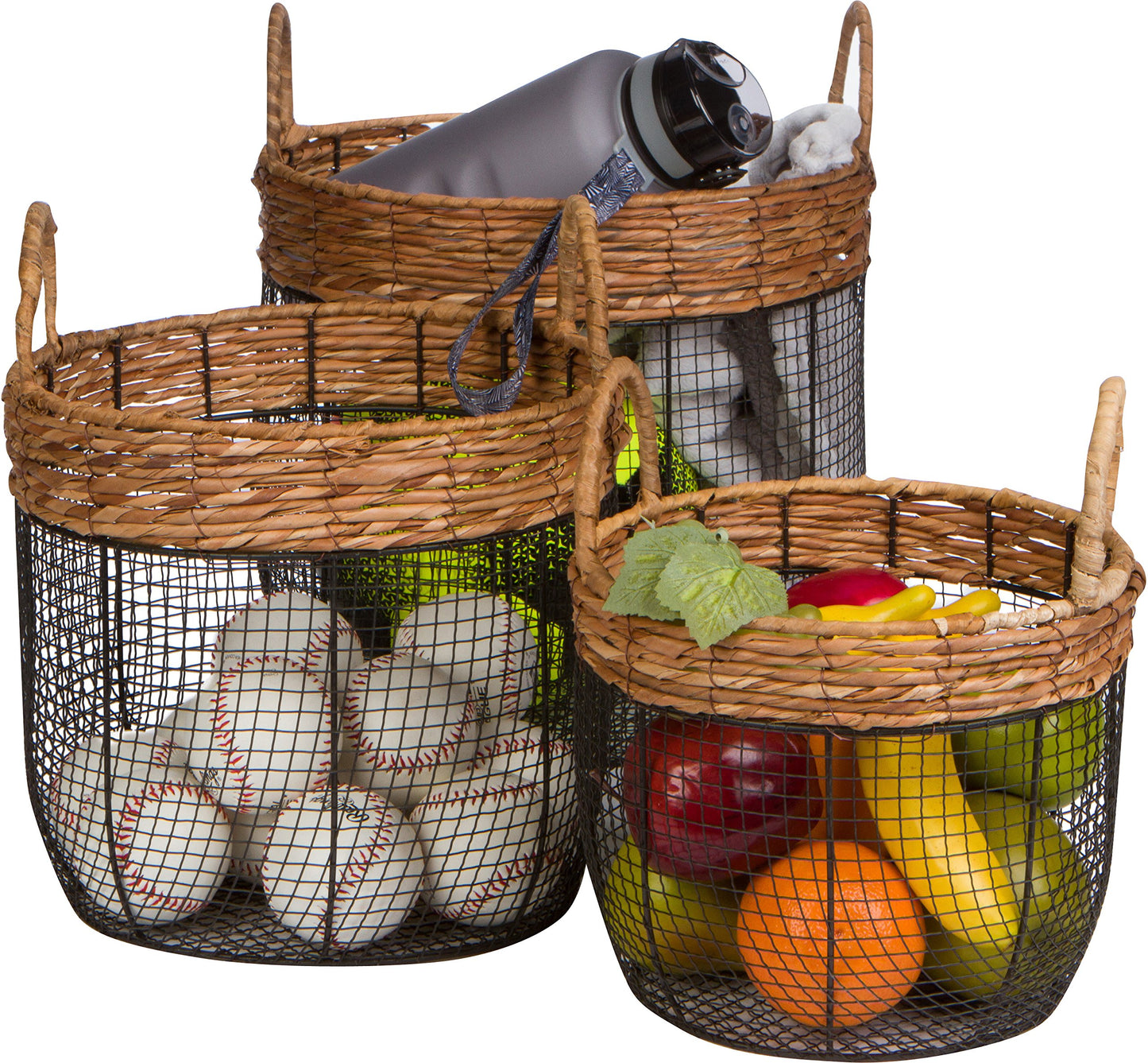 Trademark Innovations Oval Wire Tall Garden Home Decor Baskets with Wicker and Handles - Set of 3
