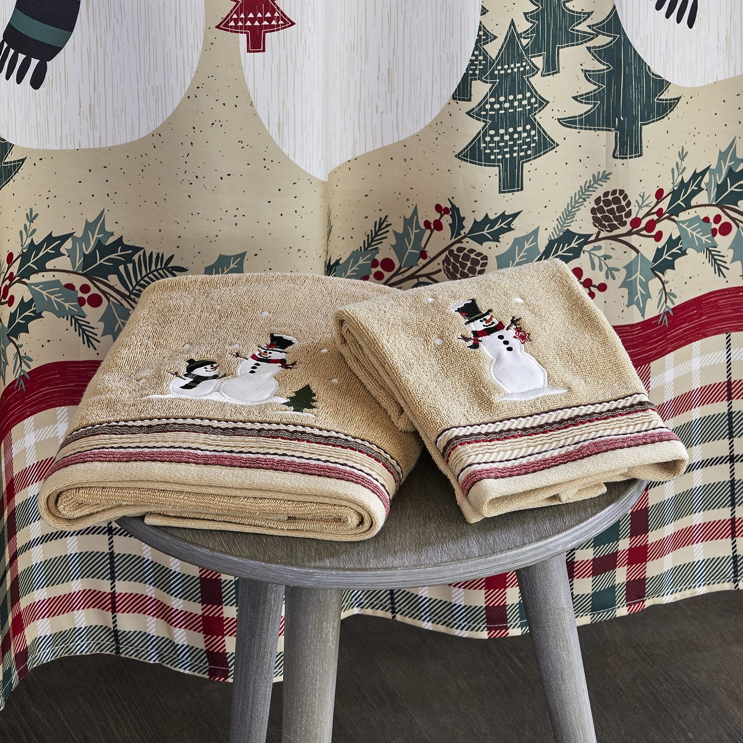 SKL Home Christmas/Winter Rustic Plaid Snowman Hand Towel 2pc Set for Bath/Kitchen/Bar & Gift, Wheat