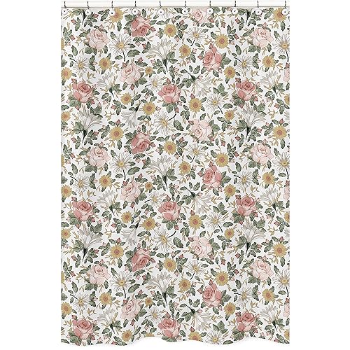 Sweet Jojo Designs Vintage Floral Boho Bathroom Fabric Bath Shower Curtain - Blush Pink, Yellow, Green and White Shabby Chic Rose Flower Farmhouse