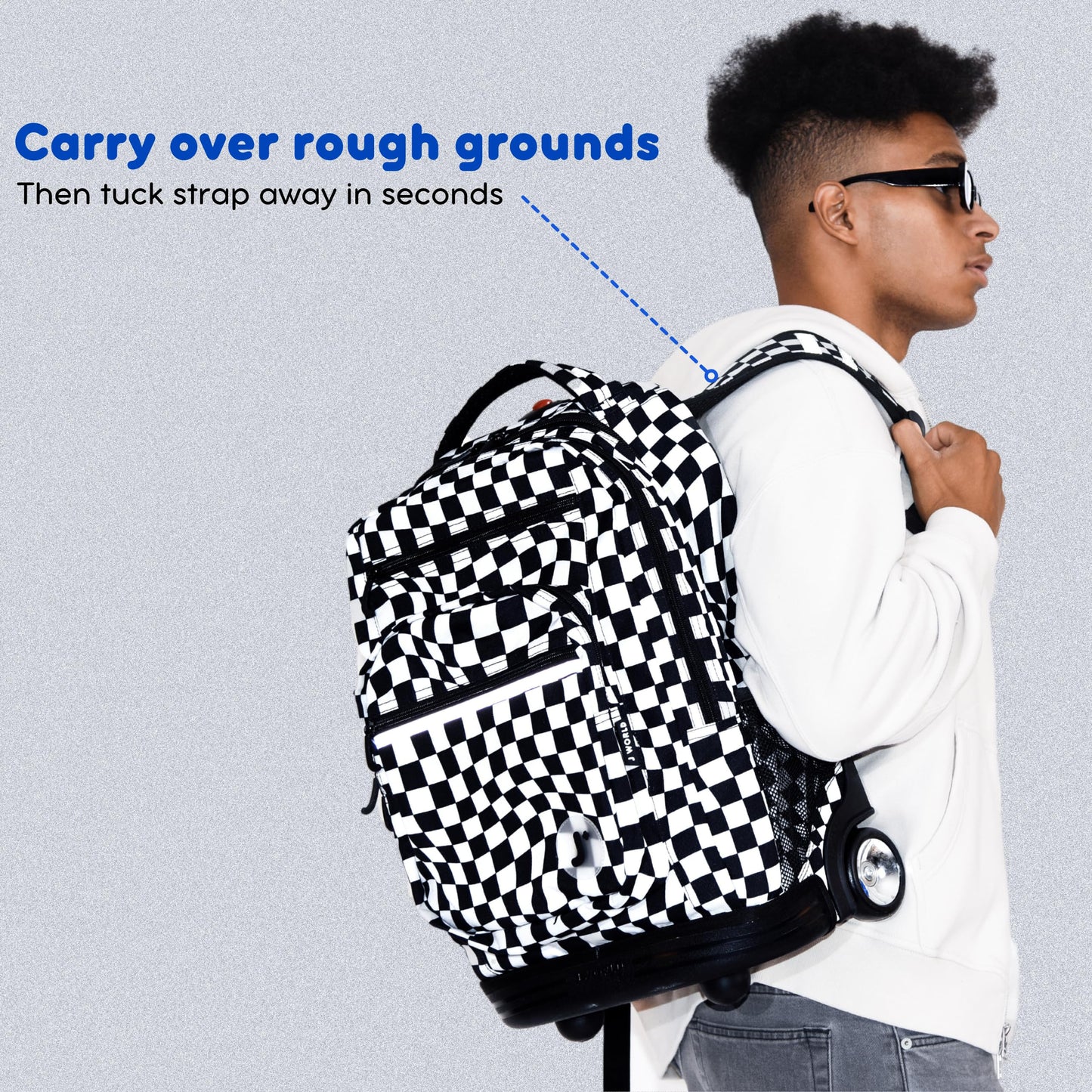 J World Sundance Laptop Rolling Backpack for Girls Boys. Roller Bookbag with Wheels, Pixel Checkers