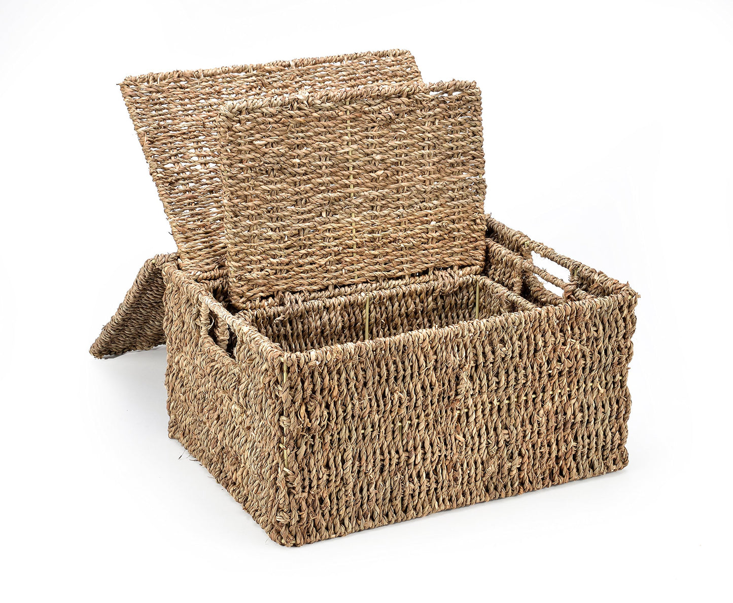 Trademark Innovations Set of 3 Rectangular Seagrass Baskets with Lids, Natural (Small)