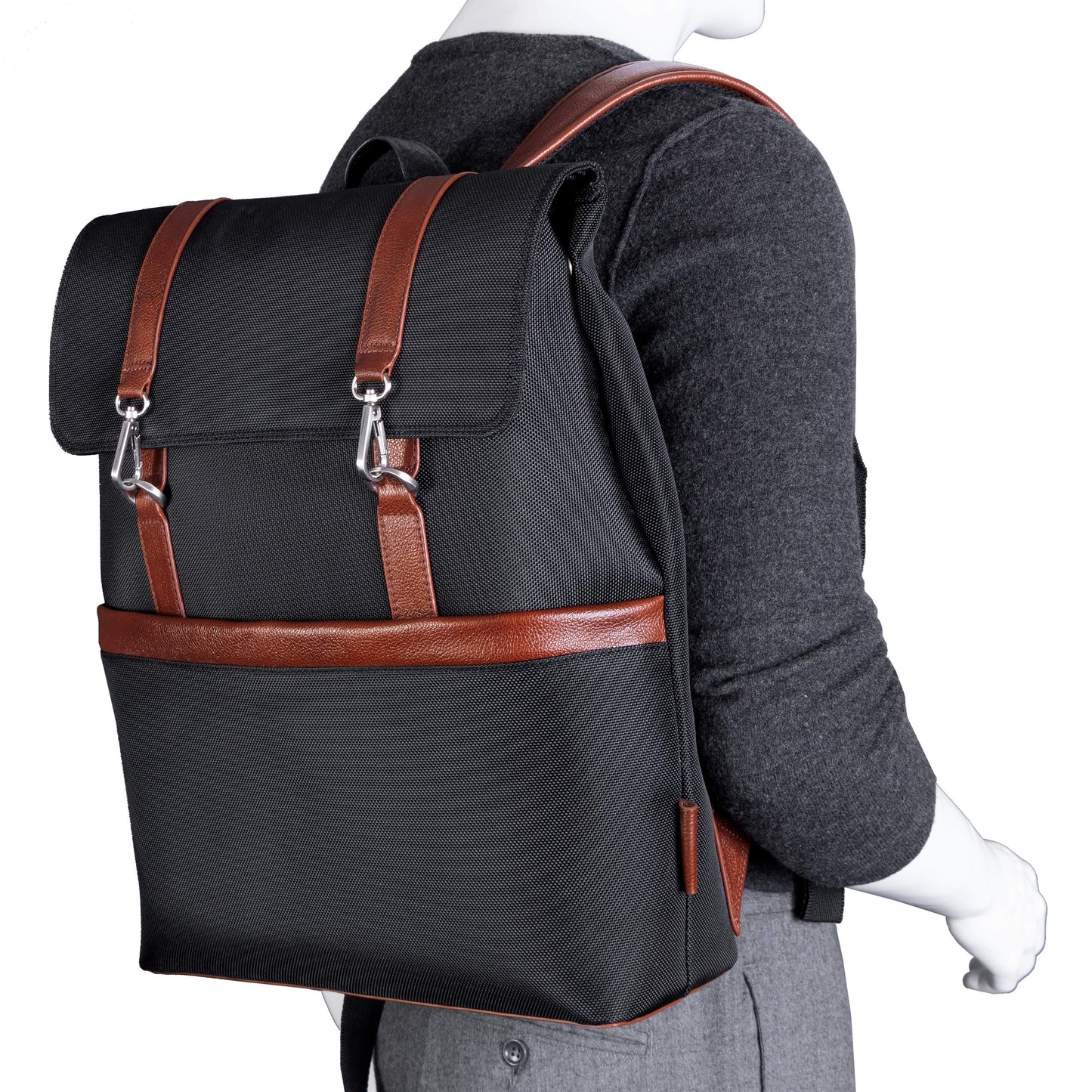 McKleinUSA Element, 1680D Ballistic Nylon with Leather Trim, 17" Nylon, Two-Tone, Flap-Over, Laptop & Tablet Backpack, Black (78475)