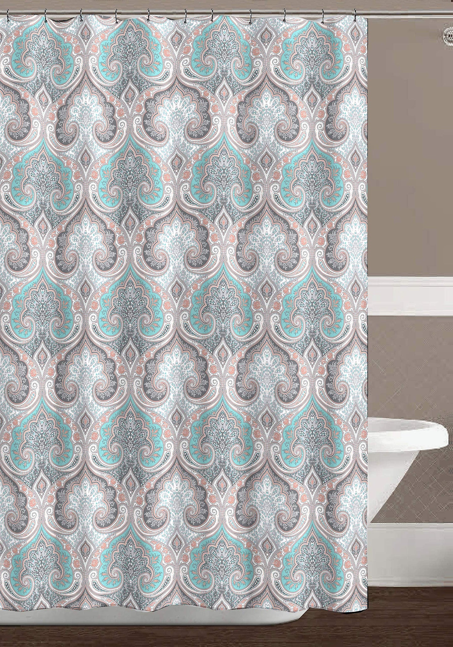 Boho Floral Damask Fabric Shower Curtain for Bathroom: Teal Pink Grey
