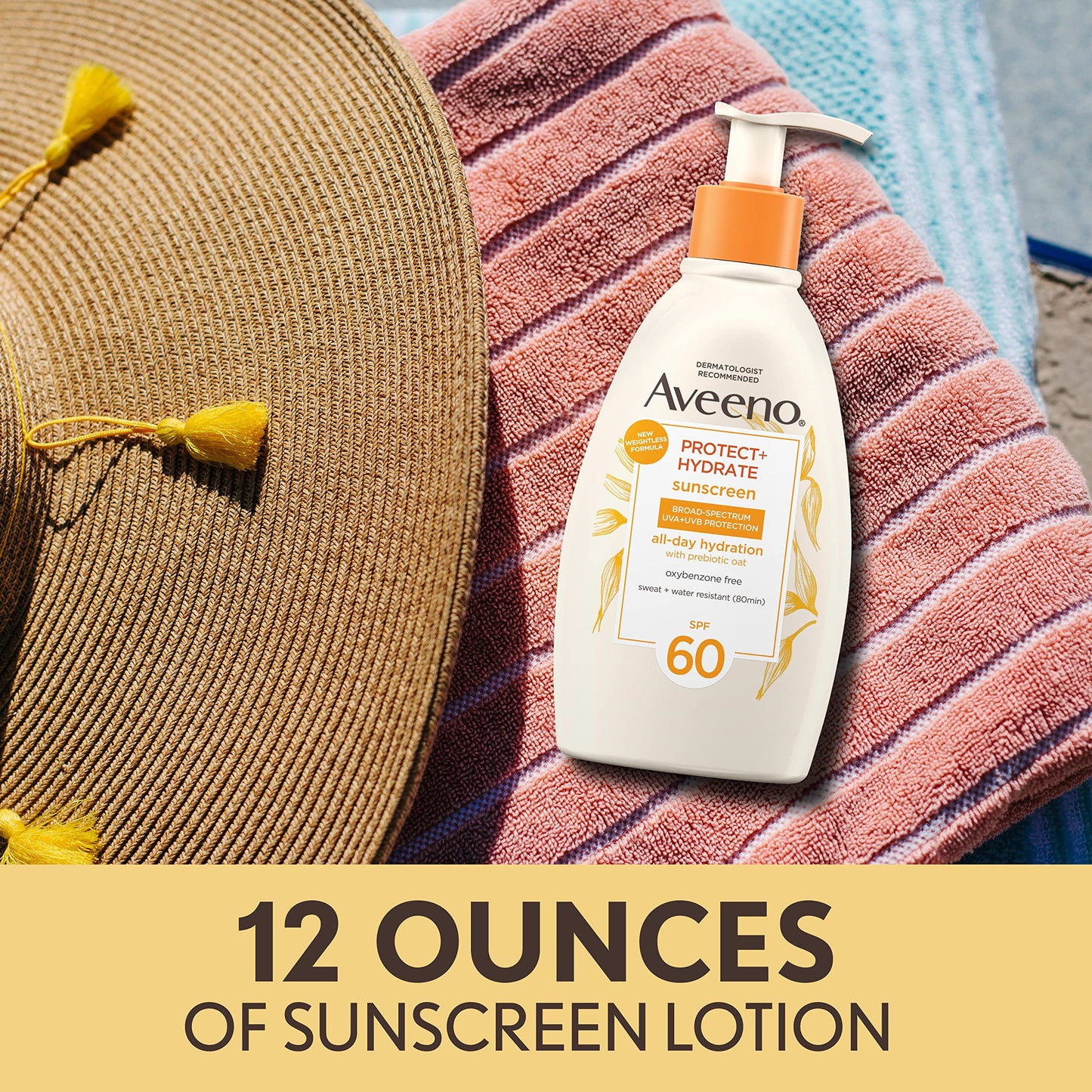 Aveeno Protect + Hydrate Sunscreen Moisturizing Lotion with Prebiotic Oat, Broad Spectrum SPF60, Paraben, & Oil Free, Weightless, Water & Sweat