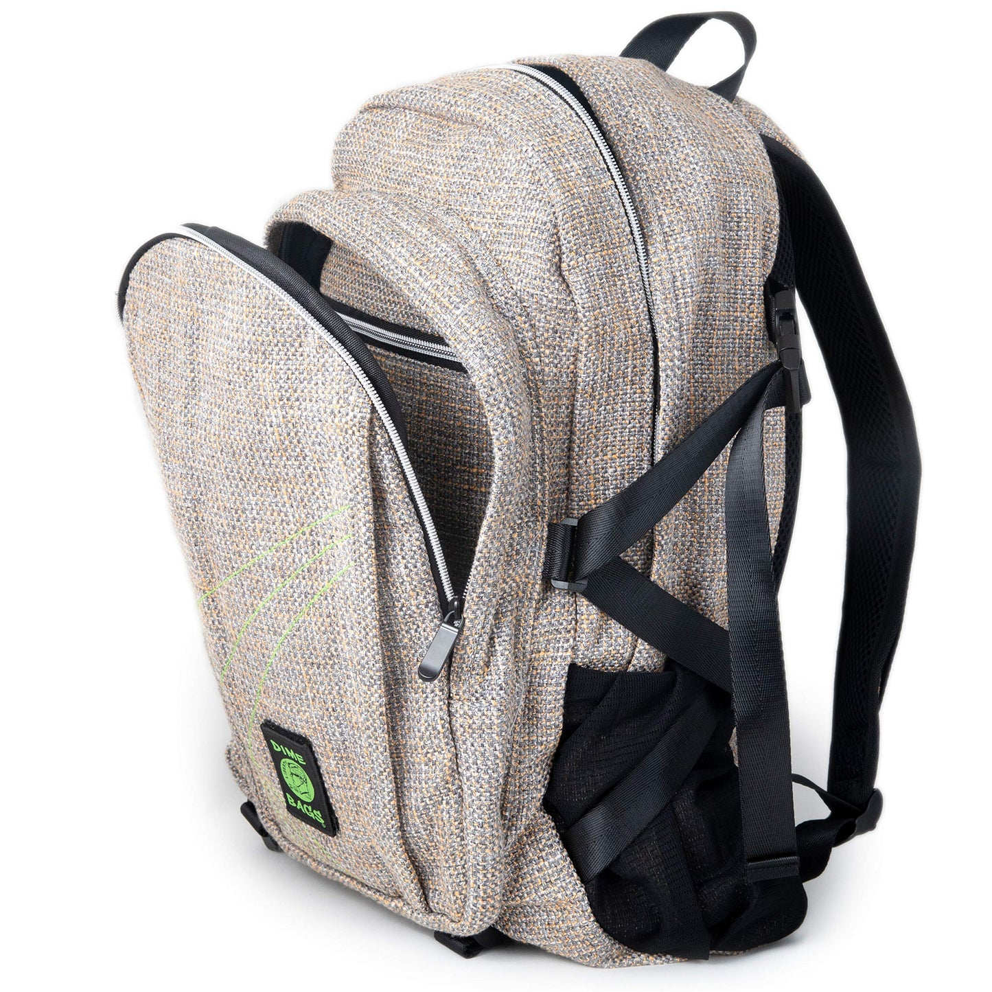 DIME BAGS Backpack For Travel, Durable Hempster Material, 9 Storage Compartments & 2 Side Bottle Pockets, Fits 17” Laptop, Adjustable Padded Straps, Hidden Internal Pocket (Sand)