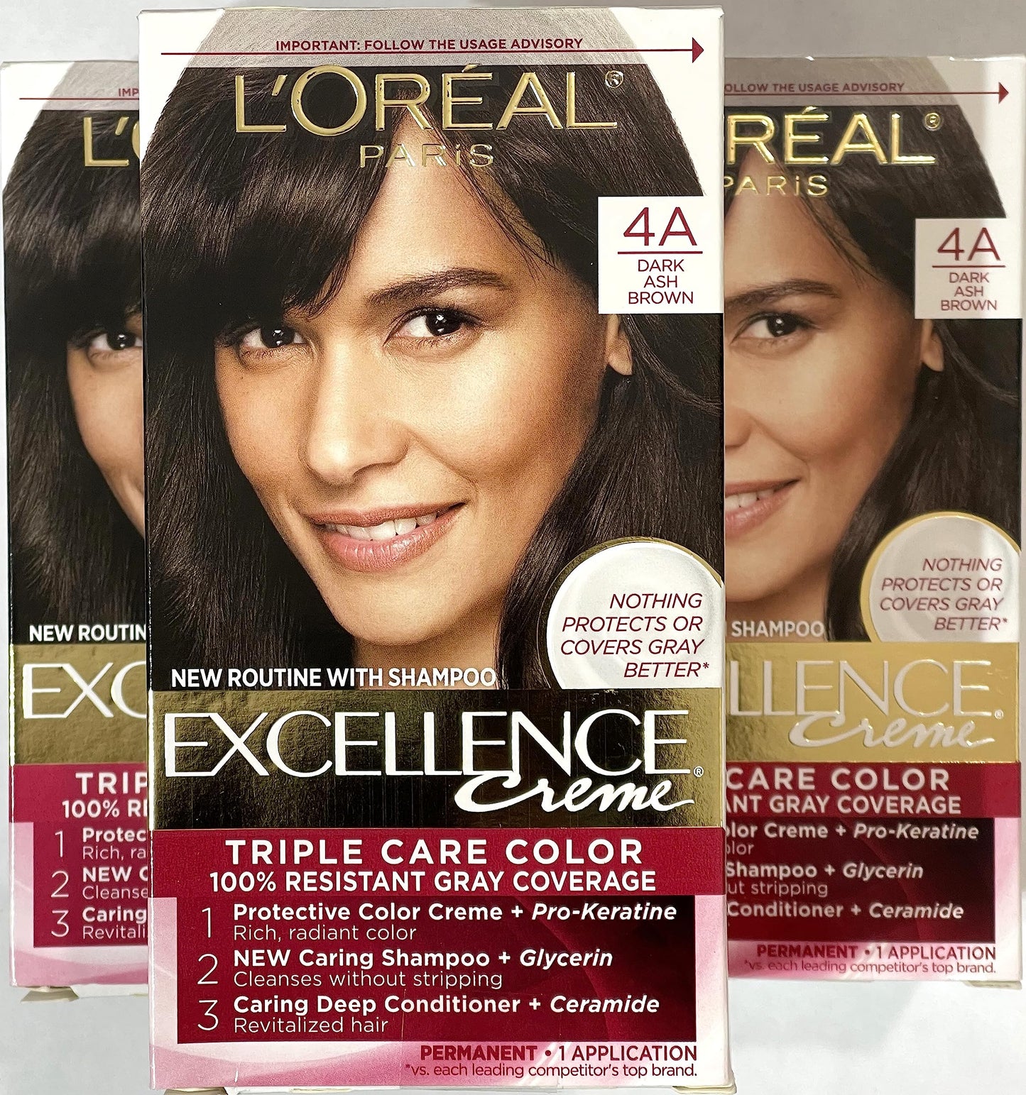 L'Oreal Paris Excellence Créme Permanent Hair Color, 4A Dark Ash Brown, Pack of 3