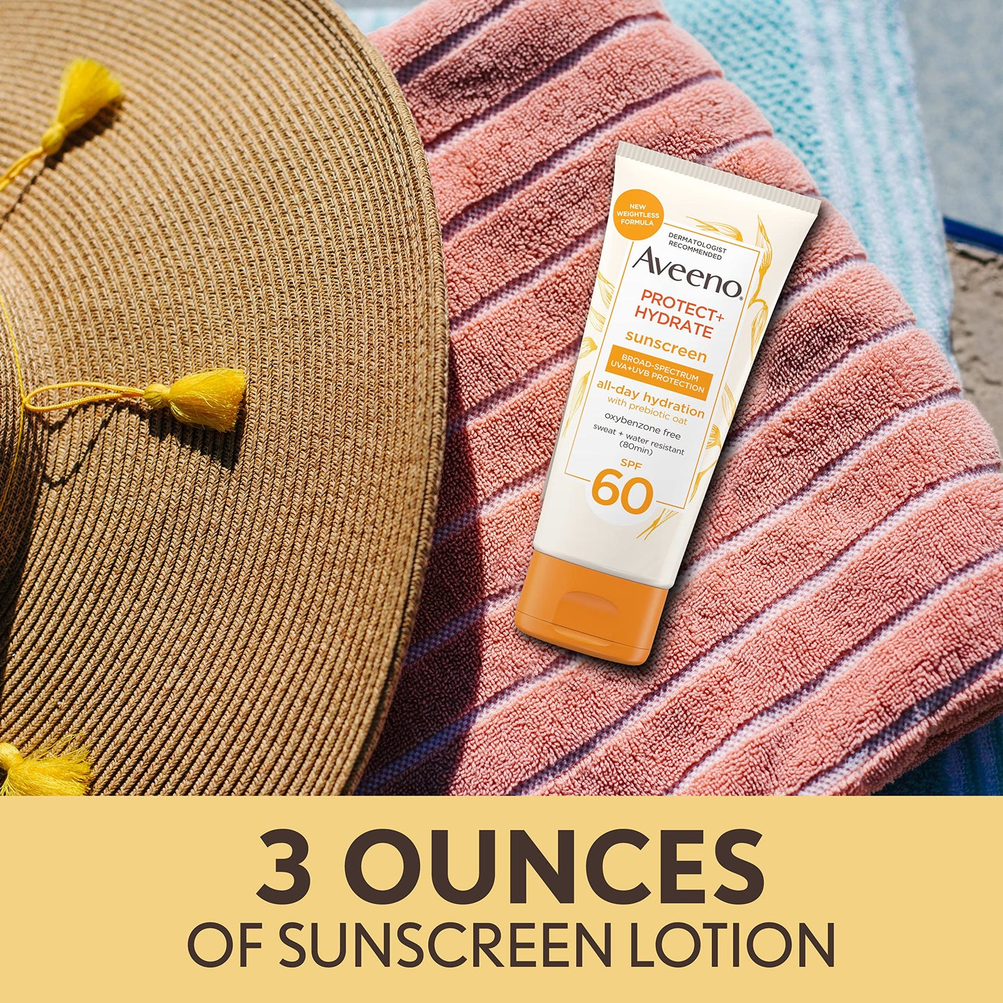 Aveeno Protect + Hydrate Moisturizing Body Sunscreen Lotion with Broad Spectrum SPF 60 & Prebiotic Oat, Weightless & Refreshing Feel, Paraben-Free