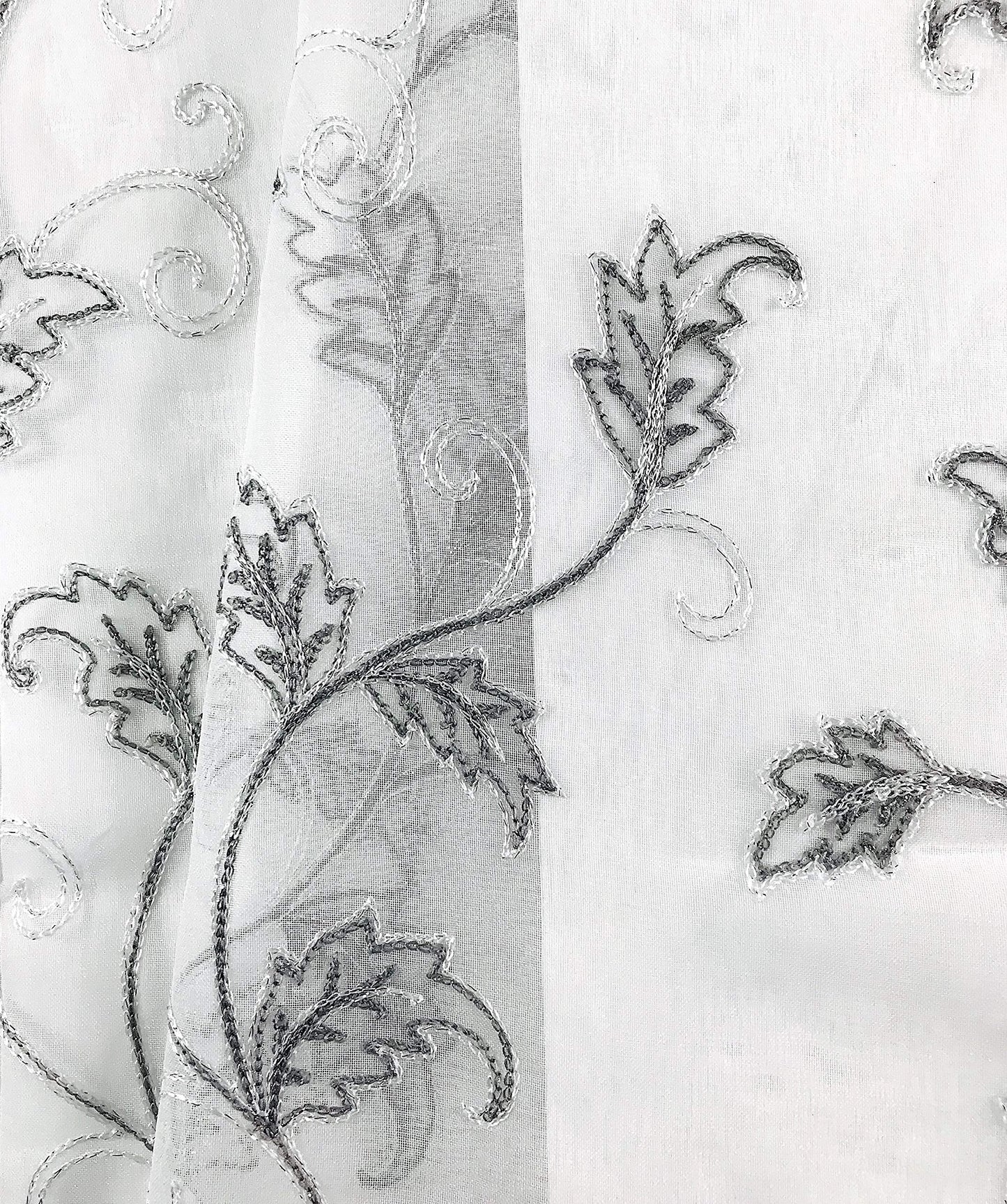 SERAFINA Decorative Sheer Fabric Shower Curtain: Two Toned Grey and White Embroidered Leaves with Metallic Threading (White/Grey) 70 x 72