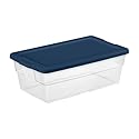 Sterilite Stackable 6 Quart Clear Home Storage Box with Handles and Blue Lid for Efficient, Space Saving Household Storage and Organization, 5 Pack