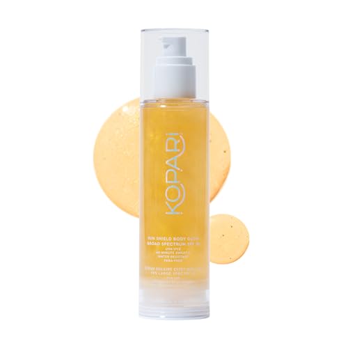 Kopari Sun Shield Body Glow, Broad Spectrum SPF 50, Lightweight Shimmering Gel Texture Absorbs Quickly, Non Sticky, Glowing Results, Gold 5 oz