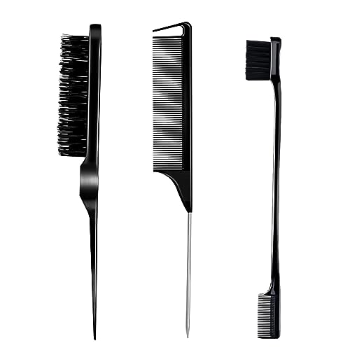 3 Pieces Hair Styling Comb Set Teasing Brush Rat Tail Comb Edge Brush for Edge&Back Brushing, Combing, Slicking Hair for Women (Black)