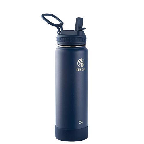 Takeya Actives 24 oz Water Bottle with Straw Lid - Double Wall Stainless Steel Insulation - Dishwasher Safe & BPA-Free - Removable Bumper - Midnight