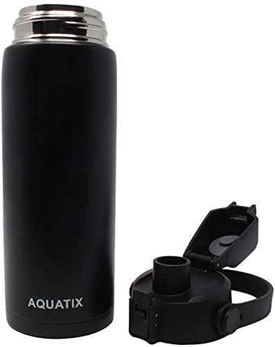 New Aquatix (Black, 21 Ounce) Pure Stainless Steel Double Wall Vacuum Insulated Sports Water Bottle Convenient Flip Top Cap with Removable Strap