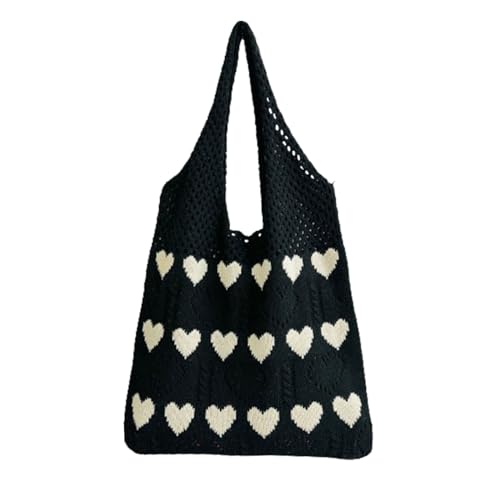 Pokn Heart Crochet Tote Bag Cute Purse for Women Cutecore Key Chain Y2K Accessories Valentines Aesthetic Handbags for Women (N-Black)