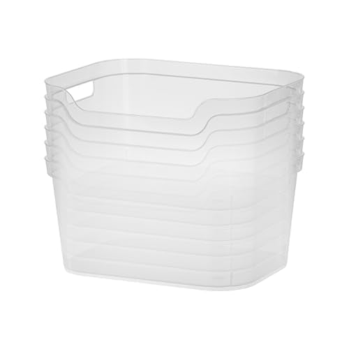 Sterilite 7 x 11 x 14.25 Inch Polished Open Scoop Front Storage Bin with Comfortable Carry Through Handles for Household Organization, Clear (6 Pack)