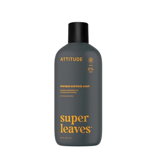 ATTITUDE 2-in-1 Body Wash & Shampoo for Men & Women, EWG Verified, Vegan, Natural Ingredients, Dermatologist-Tested, Ginseng and Grapeseed Oil, 16 Fl
