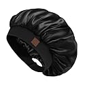 Hat Hut Satin Bonnet Silk Bonnet Sleep Cap for Women Hair Bonnet for Curly Natural Hair Sleeping Adjustable Wide Band Double Layer (Black)