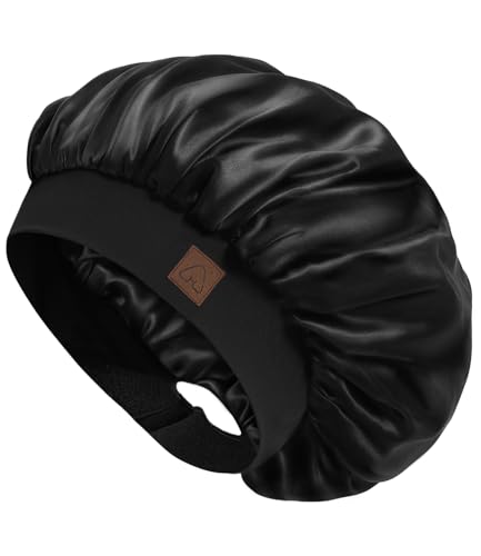 Hat Hut Satin Bonnet Silk Bonnet Sleep Cap for Women Hair Bonnet for Curly Natural Hair Sleeping Adjustable Wide Band Double Layer (Black)