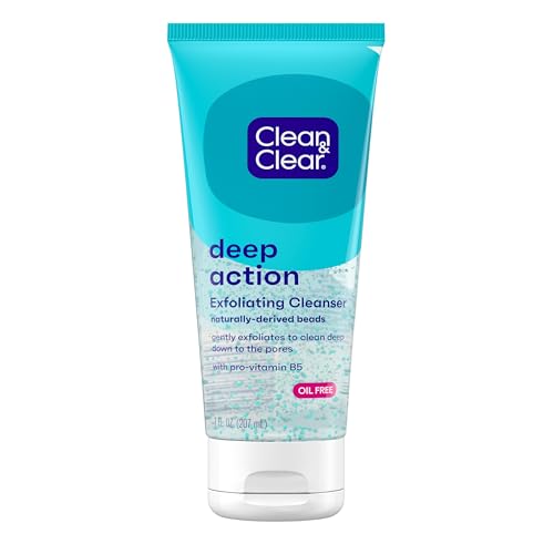Clean & Clear Deep Action Exfoliating Facial Cleanser, Scrub & Face Wash, Pro-Vitamin B5, Lactic & Glycolic Acids, Oil-Free Gentle Daily Exfoliator