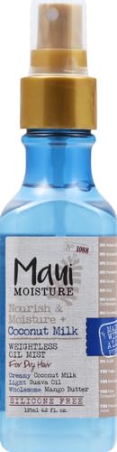 OGX Nourish & Moisture + Coconut Milk Weightless Oil Mist, Leave-In Spray Treatment to Help Defrizz, Hydrate & Replenish Curly Hair, Vegan, Silicone & Paraben-Free, 4.2 fl oz