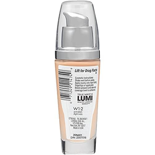 L'Oreal Paris True Match Lumi Healthy Luminous Makeup, W1-2 Porcelain Light Ivory, 1 fl; oz.