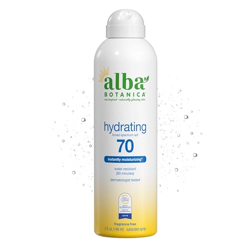 Alba Botanica Hydrating Sunscreen Spray for Face and Body, Broad Spectrum SPF 70 Sunscreen, Water Resistant, 5 Fl. Oz. Bottle