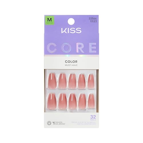 Kiss Core, Press On Nails, Nail glue included, 'Jubilation', Pink, Medium Size, Coffin Shape, Includes 32 Nails, 2g Glue, 1 Manicure Stick, 1 Mini Beauty & Personal Care KISS