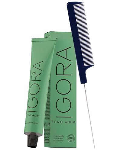 Igora Zero AMM 1-0 Black Natural Hair Color | No Ammonia Permanent Color Creme Hair Dye 2.1 oz and M Hair Designs Pin Tail Comb (Bundle)