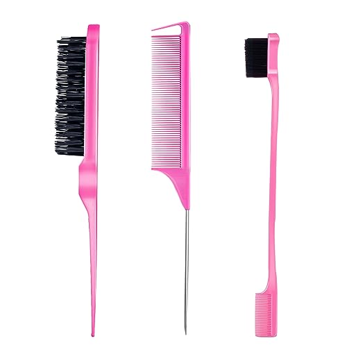3 Pieces Hair Styling Comb Set Teasing Brush Rat Tail Comb Edge Brush for Edge&Back Brushing, Combing, Slicking Hair for Women (Pink)