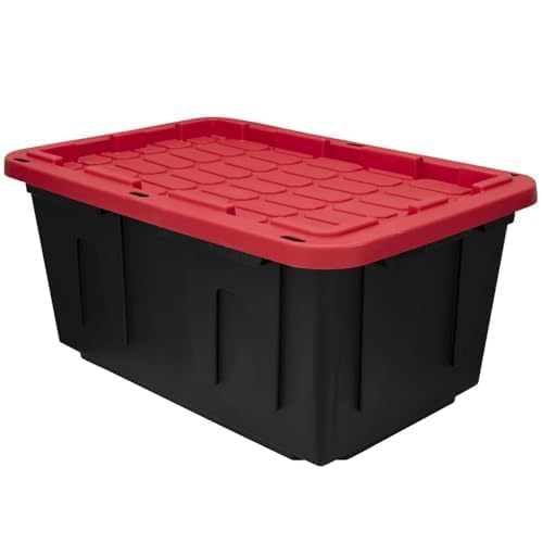 QQLADY 27 Gallon Snap Lid Plastic Storage Tote Box, Plastic Storage Bin Tote Organizing Container With Lid, Stackable & Nestable, Black Red