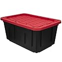 QQLADY 27 Gallon Snap Lid Plastic Storage Tote Box, Plastic Storage Bin Tote Organizing Container With Lid, Stackable & Nestable, Black Red