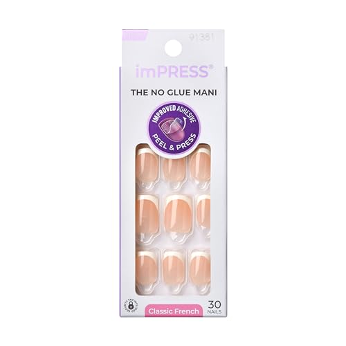 Kiss Impress No Glue Mani Press On Nails, Model, Classic French Manicure Kit, 30 Light Neutral + White Tip, Short Squoval, With IMPROVED Adhesive Beauty & Personal Care KISS