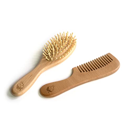 Green Sprouts Learning Brush + Comb Set |Super Soft Learning Brush Grooms Thick or Curly Hair| Natural Wood and Bamboo Bristles Without BPA, BPS, BPF