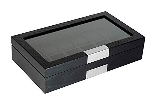 TIMELYBUYS 12 Ebony Wood Watch Box Display Case Storage Jewelry Organizer with Glass Top, Stainless Steel Accents, and Oversized Black Pillows