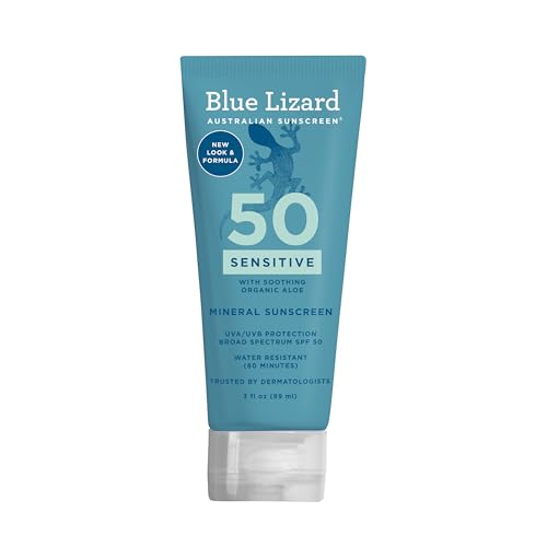 Blue Lizard SENSITIVE Mineral Sunscreen with Zinc Oxide, SPF 50+, Water Resistant, UVA/UVB Protection with Smart Cap Technology - Fragrance Free, 3