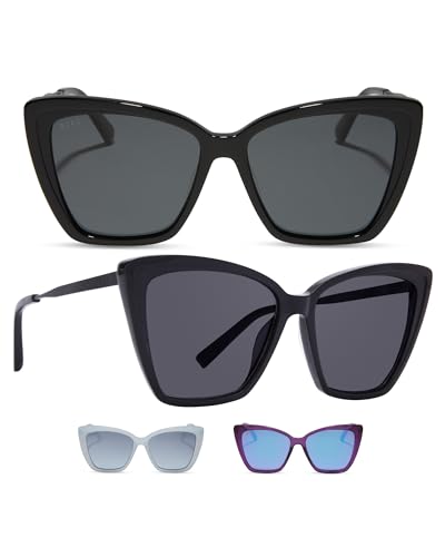DIFF Becky II Oversized Cat Eye Sunglasses for Women | Black + Dark Smoke | 100% UV Polarized Protection